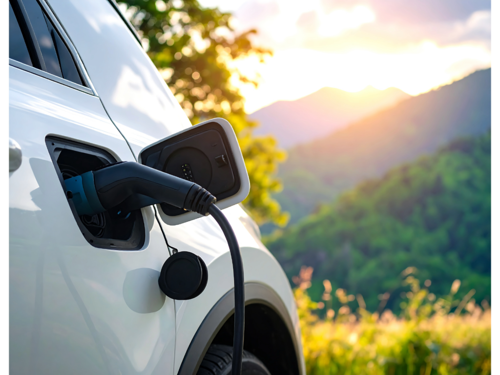 A white car with an ev plug against a sunset