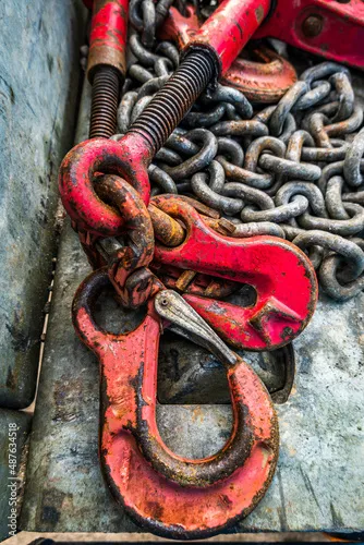  a red winch and hook