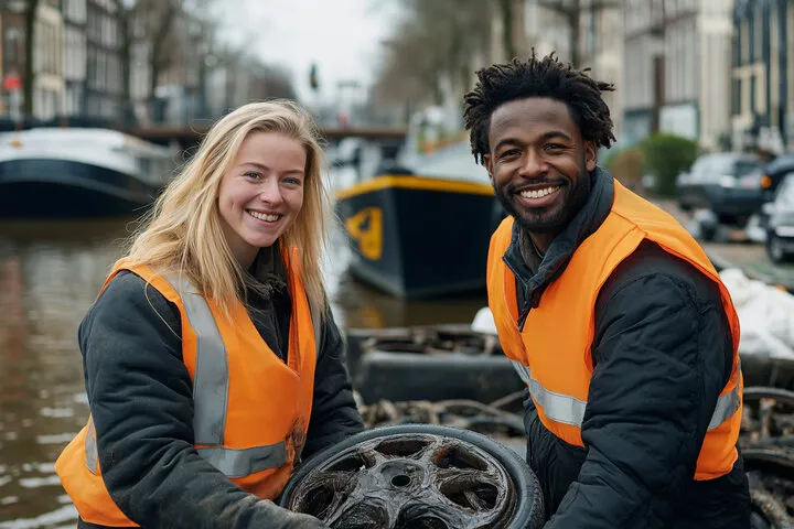 two tow professionals--one is a man and the other is a woman. Both are wearing safety vests and smiling in front of a tire