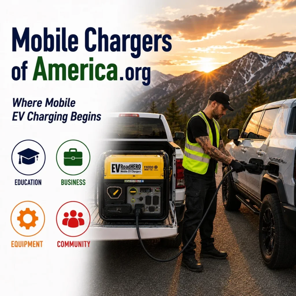 AI generated image of the rescue charger in the flatbad of a roadside service provider charging a stranded white truck.