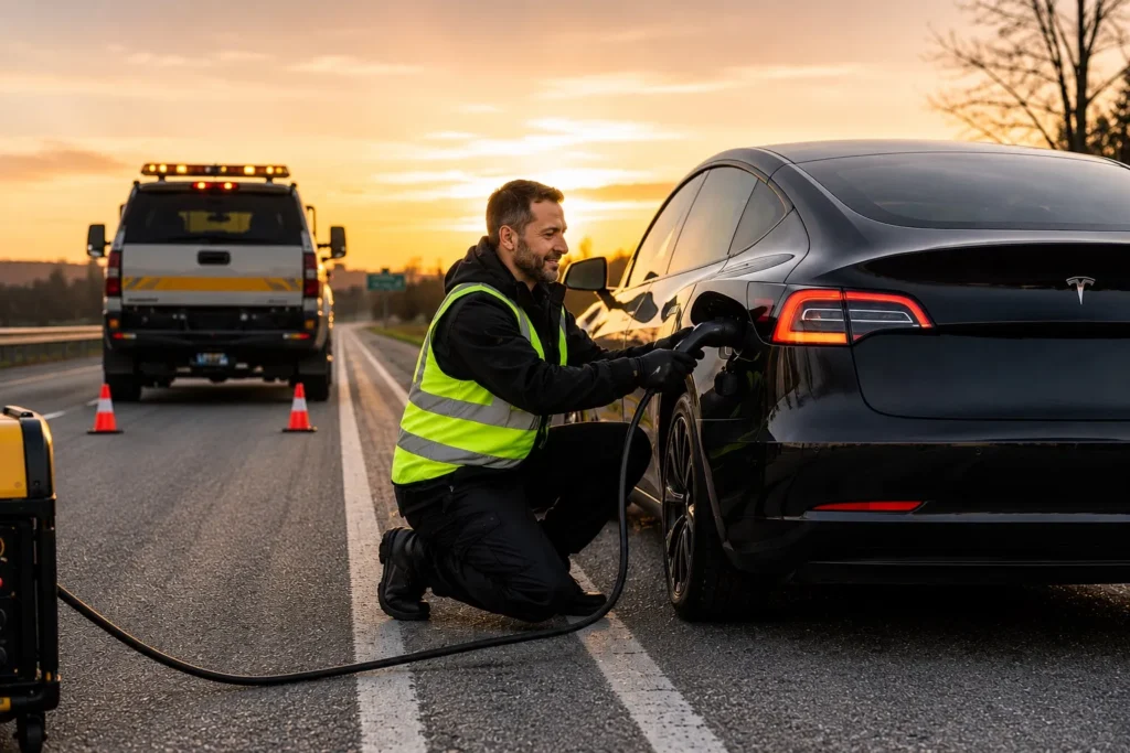 AI generated image of a rescue hero charging an EV.